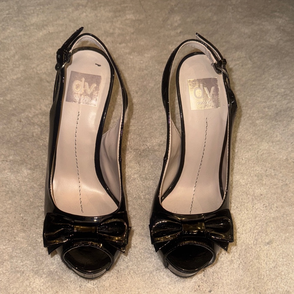 DV by Dolce Vita Glossy Black Peep Toe Heels with Bow